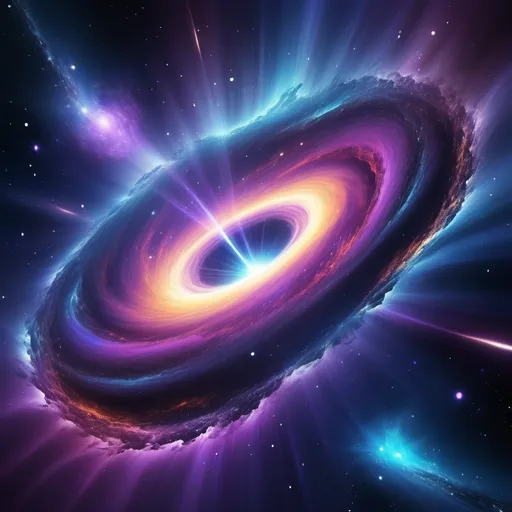 Prompt: (black holes colliding and exploding), cosmic explosion, swirling energy, dramatic luminous colors, ethereal glowing dust, vibrant blues and purples, deep space background, stars scattered throughout, intense brightness, high contrast and detail, awe-inspiring celestial event, mesmerizing patterns, ultra-detailed, HD quality, mystical atmosphere, powerful forces in action.