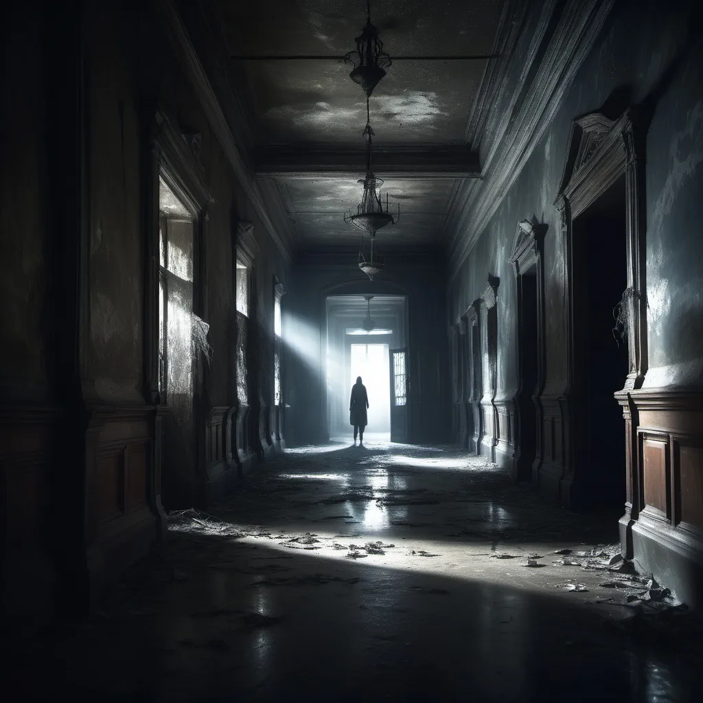 Prompt: (dead people in a hall), (atmospheric), eerie ambiance, shadows cast by dim lighting, haunting presence, ethereal glow, intricate architecture featuring cobwebs, abandoned hallways, worn-out decor, deep shadows, cool tones conveying chilling atmosphere, ultra-detailed, high quality, dramatic scene, cinematic composition.