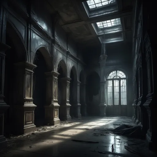 Prompt: (dead people in a hall), (atmospheric), eerie ambiance, shadows cast by dim lighting, haunting presence, ethereal glow, intricate architecture featuring cobwebs, abandoned hallways, worn-out decor, deep shadows, cool tones conveying chilling atmosphere, ultra-detailed, high quality, dramatic scene, cinematic composition.