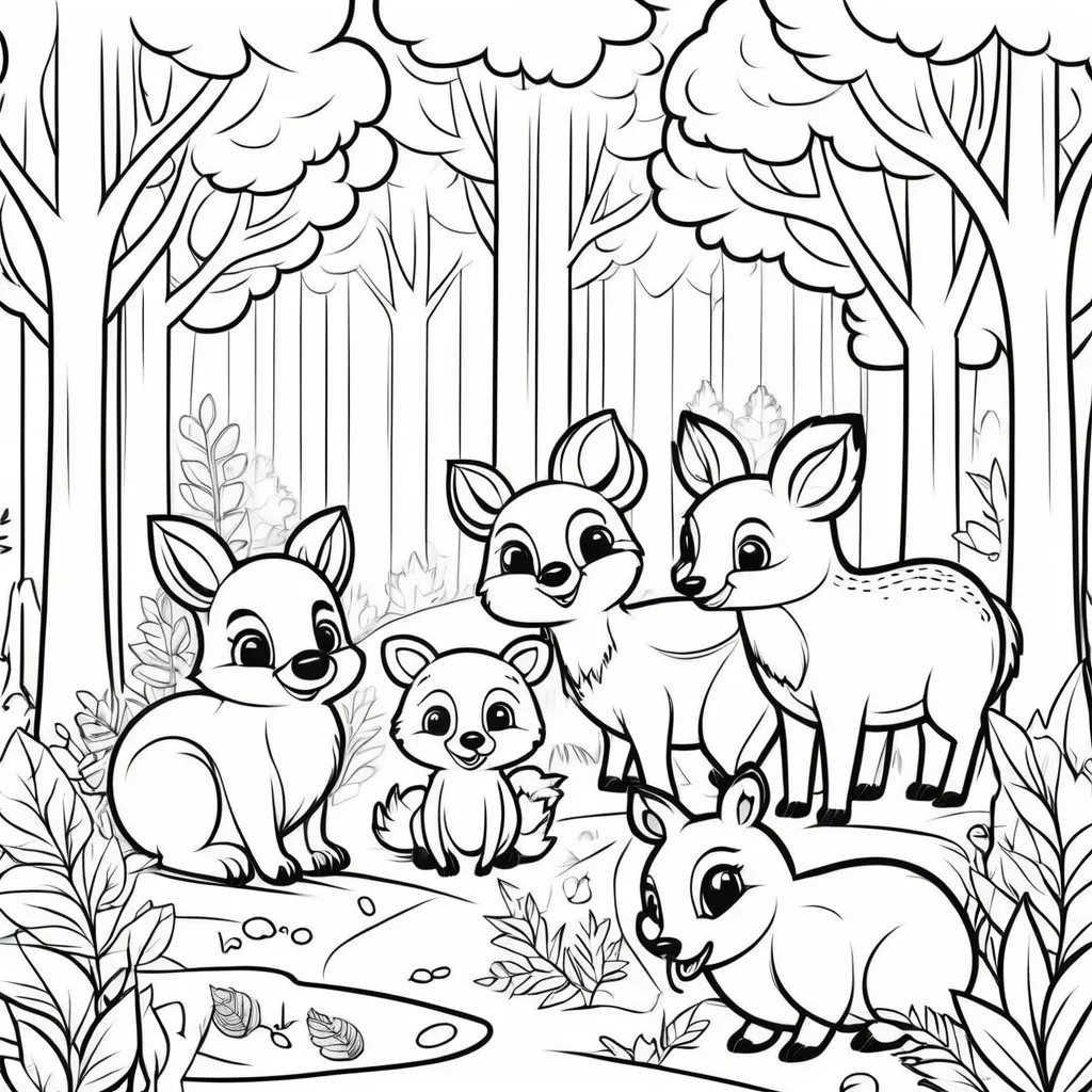 Prompt: forest with cute forest animals crisp lines coloring page