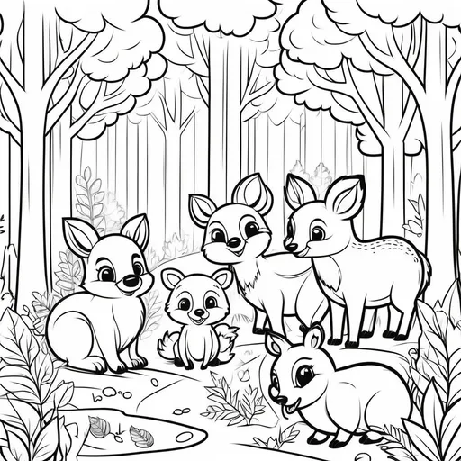 Prompt: forest with cute forest animals crisp lines coloring page