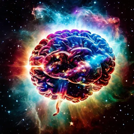 Prompt: Transparent photo of human brain, lens flare, in space, dark pallet, side view, nebula