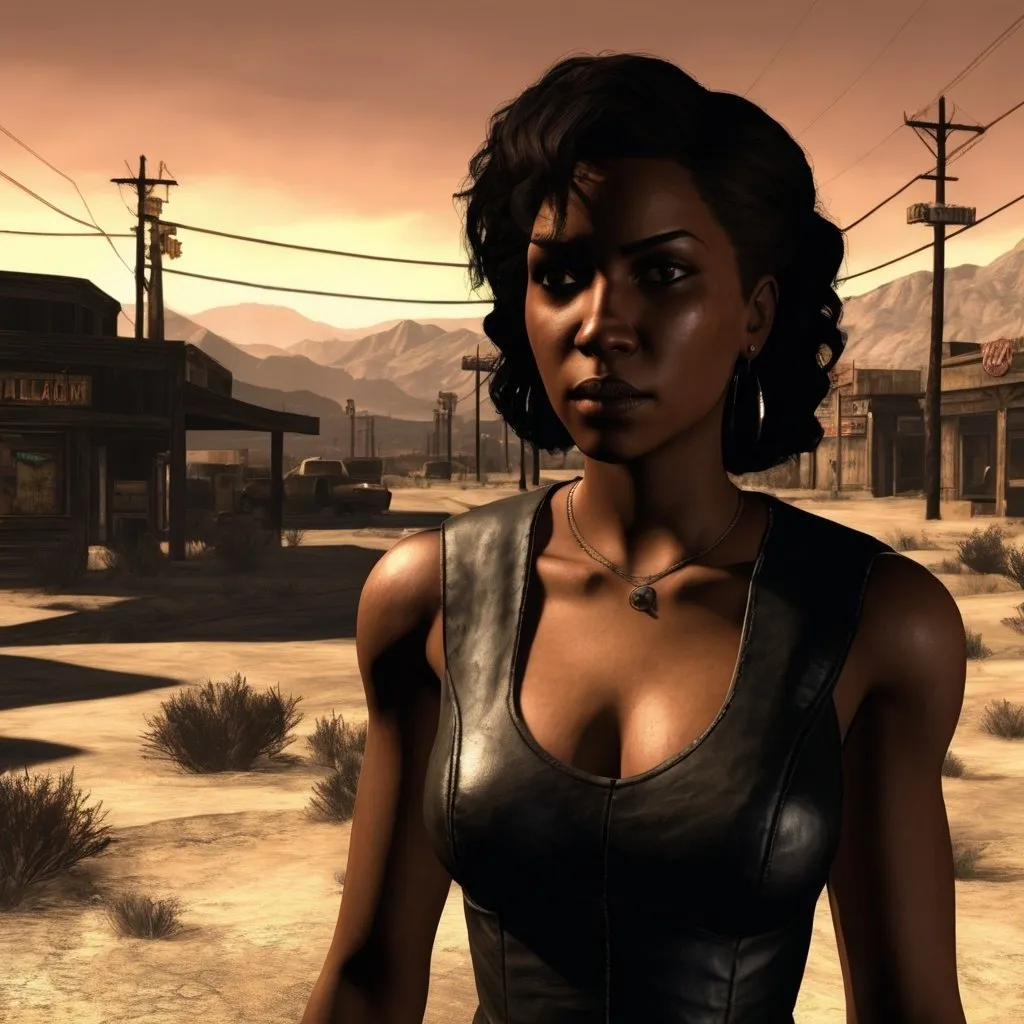 Prompt: Black woman with medium hair im fallout new Vegas