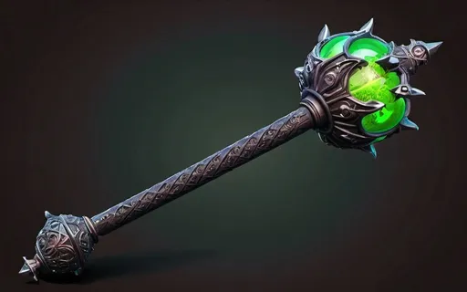 Prompt: Ornate black mace with neon green ornaments, shadow aura, highres, detailed, fantasy, dark fantasy, vibrant neon accents, intricate design, menacing presence, mystical vibes, glowing shadows, professional lighting