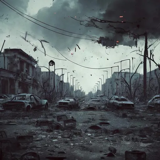 Prompt: The illustration shows an abandoned city devastated by chaos and destruction. The buildings are reduced to rubble and stand like shadows on the horizon. The sky is obscured by thick, gloomy clouds, while black smoke rises in twisted columns into the air.

Debris, overturned and scattered cars, smashed traffic signs and charred trees can be seen on the streets. The atmosphere is gloomy and desolate, with an air of abandonment. The sun's rays barely manage to filter through the clouds, casting a pale and gloomy light on the remains of what was once a prosperous city.

In the foreground is the shadowy figure of the Grim Reaper, personifying death in all its harshness. Its presence is imposing and ominous, wrapped in a dark cloak that fades into shadows. The Grim Reaper seems to have left his terrible mark on the city, as devastation and death surround his figure.

An atmosphere of sadness and despair permeates the entire illustration, evoking the pain of war, disease and loss of life. Although the city appears to have been razed, a small hope is glimpsed in the subtle details of reconstruction at the margins of the illustration: a ray of hope among so much destruction.

I hope this visual description is useful for your illustration. Good luck!