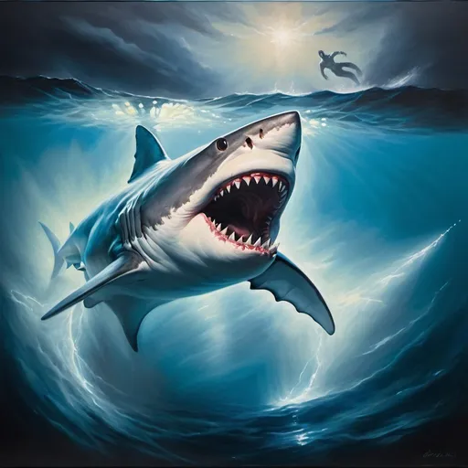 Prompt: Oil painting of a huge ghost attacking a shark in the Caribbean Sea, ethereal brushstrokes, eerie glowing eyes, haunting atmosphere, turbulent water, intense action, high quality, vivid colors, realistic, vicious ghost, shark, Caribbean sea, oil painting, eerie, haunting atmosphere, intense action, ethereal brushstrokes, vivid colors, realistic, turbulent water