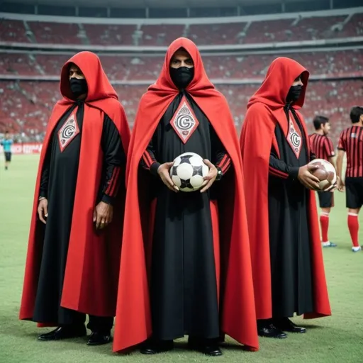 Prompt: Illuminati conspirators wearing ritual cloaks in Flamengo colors, they are large and holding small football referees like a babyes.