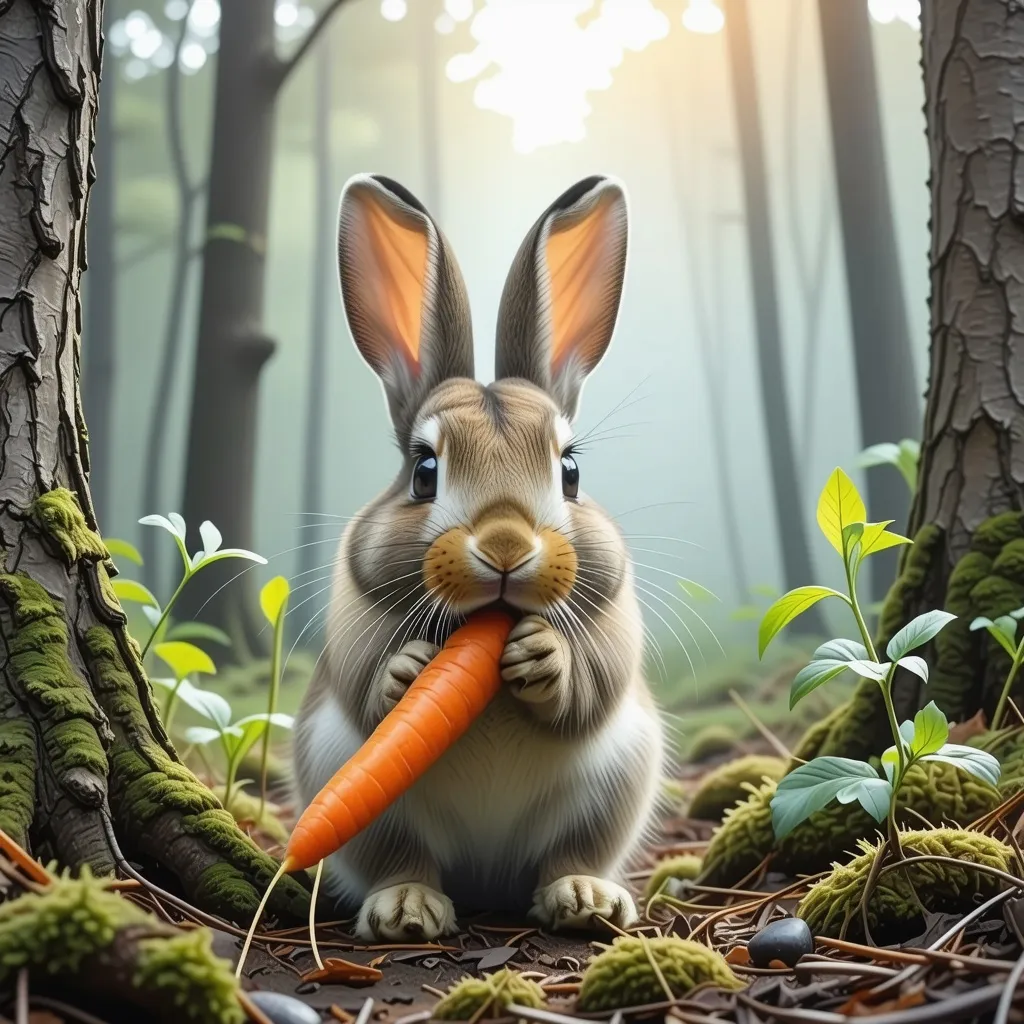 Prompt: A curious rabbit eating a carrot in a serene forest, with a thoughtful expression.