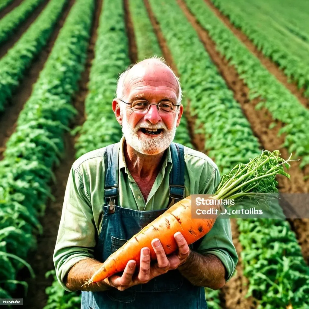 Prompt: A man in farmer's clothes holds a huge carrot in his hand against the background of a carrot field