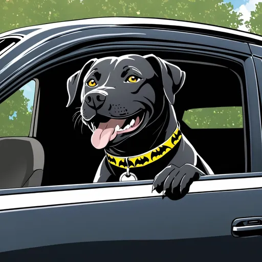 Prompt: anime, Pitbull mixed Labrador, smirking, looking out a car window, wearing a batman logoed collar