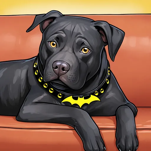 Prompt: black Pitbull mixed Labrador, looking bored, laying on a couch, wearing a batman logoed collar, cartoonish, little detail, personification