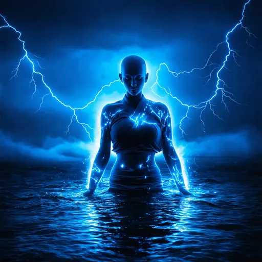 Prompt: The optical illusion is a (((glowing blue light of a bald athletic woman monk silhouette))) with ((glowing, lightning-dappled skin, tight lightning martial arts gi), soaking in a (((beautifully lit thunderstorm))), its form reflecting a soft, bioluminescent glow that complements the scene with a (magical, glowing aura), evoking a sense of otherworldly beauty that defies the ordinary. A truly unforgettable, epic cinematic backdrop