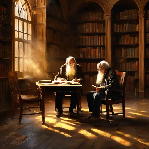 Prompt: Portrait of an old man, very thick Impasto, impressionism
"Hyper-realistic digital painting of an **old library** filled with open books labeled *Philosophy*, *Religion*, and *Science*. Soft golden light streams through a high arched window, illuminating dust particles floating in the air. Two empty dark-wood chairs face each other across a small table holding an **ancient manuscript**, a fountain pen, and a cold teacup. Behind them, towering shelves display a faded world map and a symbolic artwork blending **religious icons** (small mosque, open scripture) and **scientific motifs** (galaxy spiral, blooming rose).  

Moonlight filters through a **stained-glass window** with crescent moon and star motifs, casting a shadow on the floor that resembles a man sitting upright, his hand reaching toward scattered papers. In the background, an ancient tree’s roots intertwine with buried books, its branches bearing **flame-shaped leaves** glowing with Arabic words: *‘Truth’*, *‘Doubt’*, *‘Faith’*. A white dove perches on the windowsill, its eyes reflecting a tiny sailboat drifting on a dark starry sea where constellations form Arabic letters.  

**Color palette**: Warm copper and gold tones blended with deep midnight blues.  
**Style**: Cinematic lighting, mystical atmosphere, symbolic elements, highly detailed textures (aged wood, velvet, parchment), 8k resolution.  
**Mood**: A silent dialogue between intellect and spirit, past and present, the seen and unseen."