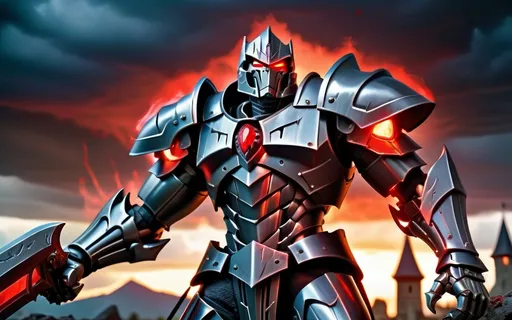 Prompt: (Megatron as an evil human knight), dark metallic armor, glowing red eyes, towering presence, dramatic gothic-inspired environment, ominous shadows, sharp angular features, intense expression, spectacular battlefield in the background, moody lighting with a predominant stormy sky, (epic) and (highly detailed), focused pose, fierce attitude, medieval weapons in hand, confident and menacing ambiance, ultra-detailed.