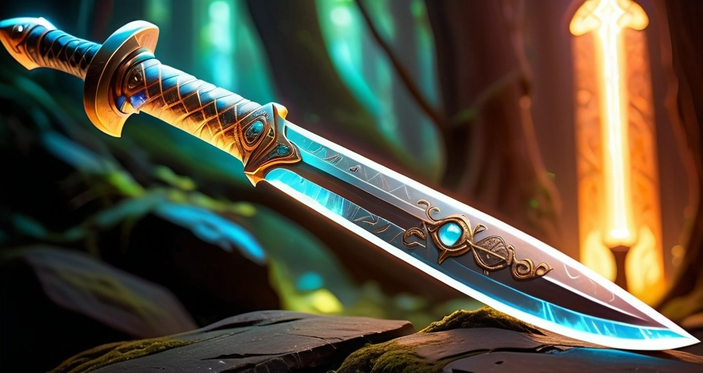 Prompt: fantasy style ancient alien longsword, (concept art), warm color tones, glowing runes engraved on hilt, intricate detailing, mythical elements, ethereal glow, atmospheric setting in a mystical landscape, dramatic lighting, high-detail features, enchanted aura, captivating background with mystical artifacts, (ultra-detailed), vivid composition.