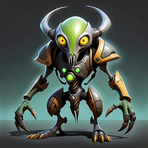 Prompt: ratchet and clank style concept art of an alien creature that combines Necrons, Lombaxes and Protoss