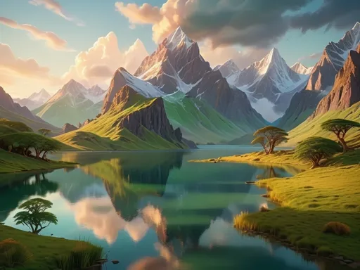 Prompt: (Rohan), majestic landscape, lush greenery, towering mountains, (fantastical elements), shimmering lakes, (dramatic lighting), golden hour glow, serene atmosphere, enchanting details, high depth cinematic mood, rich colors, ultra-detailed, (filmmaking style), evocative ambiance, magic in the air, captivating essence of adventure and wonder.