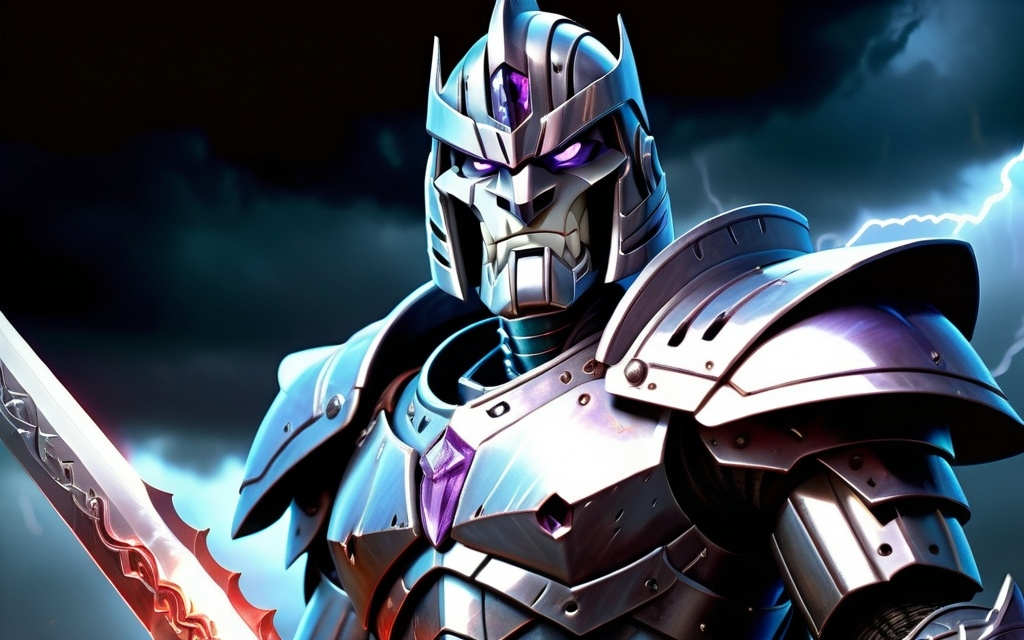 Prompt: (Megatron as an evil human knight), intricately armored with dark metallic hues, menacing facial features, wielding a large sword, standing triumphantly; chilling ambiance, foreboding expression, richly detailed background of a stormy sky and shadowy battlefield; (dramatic lighting), cold color tones create an eerie atmosphere, inviting suspense; ultra-detailed, high definition artwork.