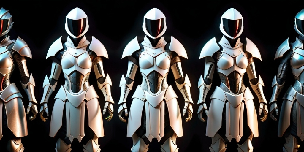 Prompt: (4K), futuristic concept art, a group of prototype super soldier armors constructed from (enhanced dragon bone), imposing designs, standing stoically in a dark room, black background, intricate detailing on the armors, eerie atmosphere, subtle reflections on the surfaces, hints of metallic sheen, emphasizing strength and power, (moody lighting), Daryush Shokof, dau-al-set, high-quality digital artwork.