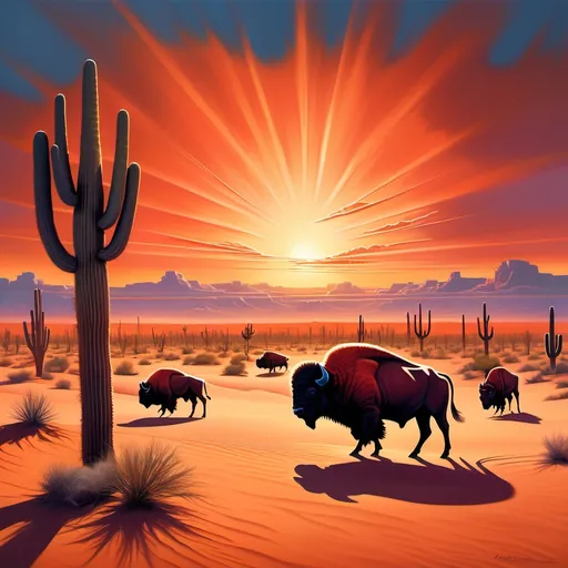 Prompt: Texas-style desert landscape, (stampede of alien buffalo), vibrant sun setting in the horizon, reddish-orange hues illuminating the sand, dramatic shadows cast, sparse cacti dotting the foreground, surreal elements with glowing buffalo, cinematic atmosphere, (highly detailed), expansive sky with wispy clouds, a sense of motion and energy in the air, (ultra-detailed 4K).