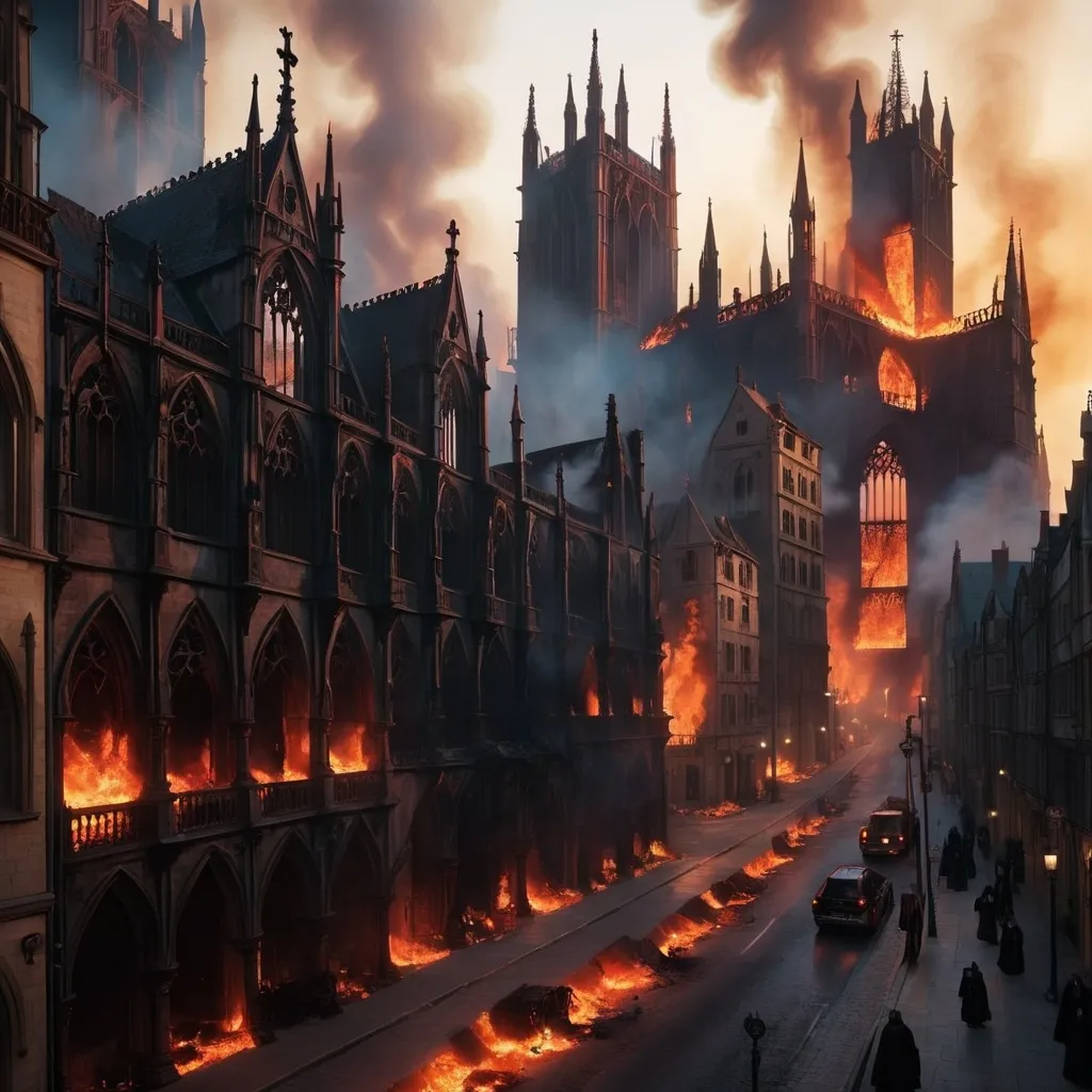 Prompt: a gothic city on fire.