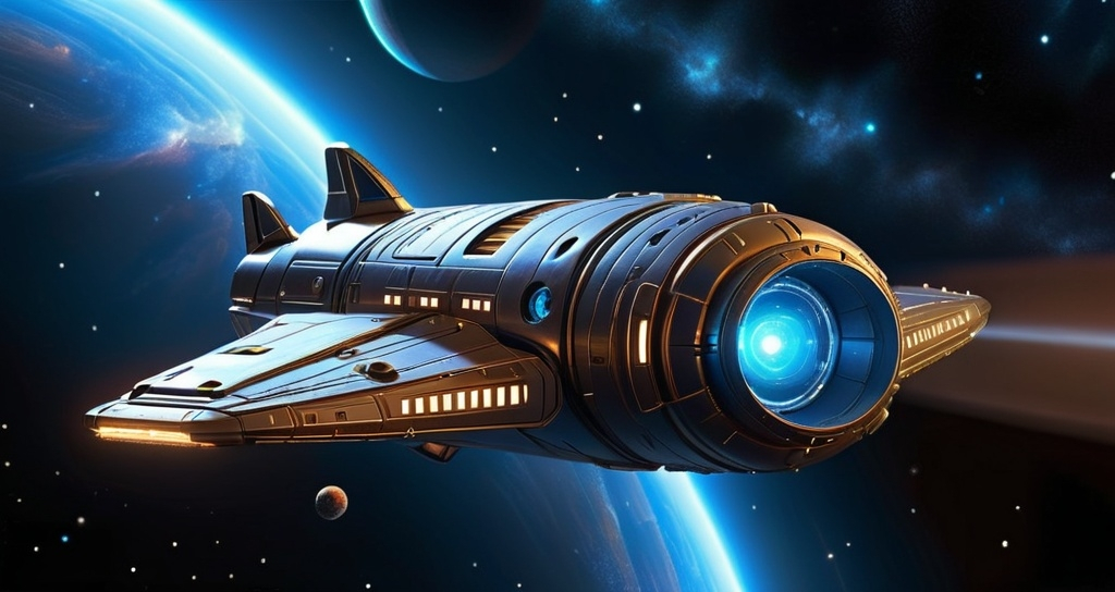 Prompt: a computer generated image of a space ship in space with stars in the background and a blue light on the bottom of the ship, Cedric Seaut (Keos Masons), space art, sci fi fantasy, concept art