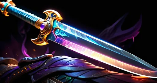 Prompt: a colorful sword with a long blade on a black background with a glowing light coming from it's blade, An Zhengwen, fantasy art, league of legends concept art, concept art