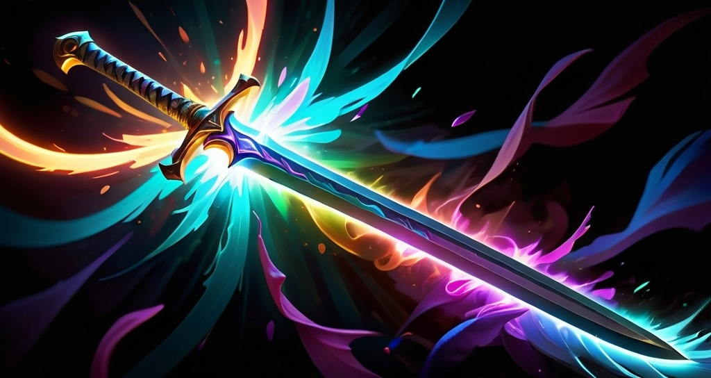 Prompt: a colorful sword with a long blade on a black background with a glowing light coming from it's blade, An Zhengwen, fantasy art, league of legends concept art, concept art