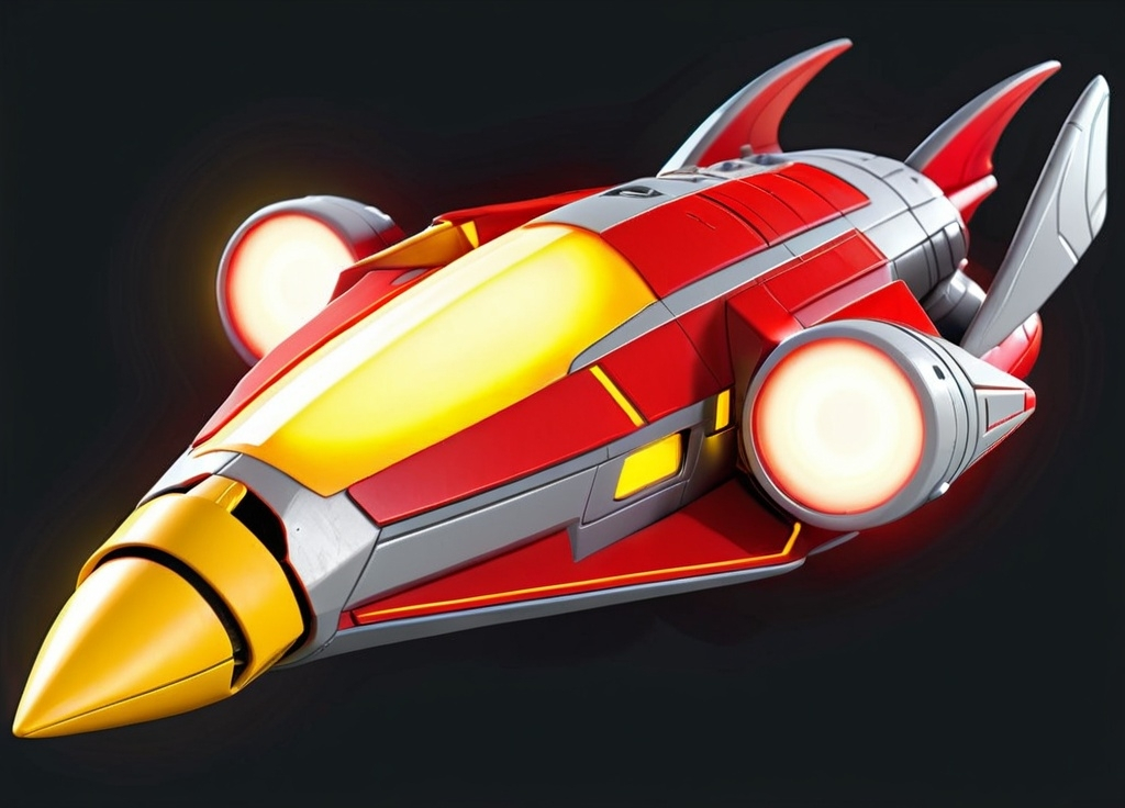 Prompt: a stylized image of a red and grey space ship with a yellow light on the side of the ship, Epsylon Point, precisionism, vector, an ambient occlusion render