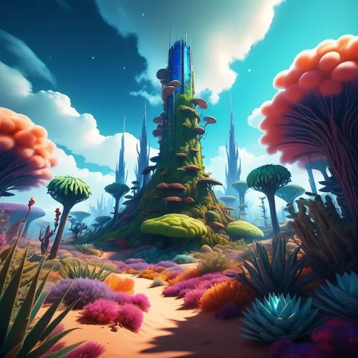 Prompt: Californian styled dessert forest, (sci-fi tower) at center, vibrant colors, stunning contrast, dramatic shadows, high depth atmospheric elements, lush greenery interspersed with desert plants, surreal and captivating environment, bright blue sky with wispy clouds, ultra-detailed with (4K resolution), enchanting ambiance infused with a sense of wonder.