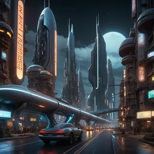 Prompt: a futuristic city with a lot of lights and a lot of buildings on the side of the road in the middle of the night, Andor Basch, afrofuturism, unreal 5, a detailed matte painting