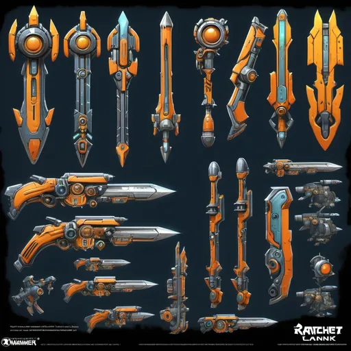 Prompt: Concept art for (futuristic weapons), inspired by Ratchet and Clank integrated with elements of Warhammer 40k, dynamic and imaginative designs, (vibrant colors) accentuating intricate details, (highly detailed) textures, various weapon types showcasing unique mechanisms, engaging and dramatic backgrounds reflecting a sci-fi universe, emphasizing creativity and innovation within the designs, (ultra-detailed), cinematic feel.