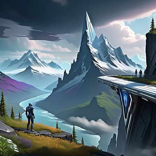 Prompt: (An Alaskan styled landscape), majestic mountains with snow-capped peaks, (Mass Effect inspired base) perched on cliffside, futuristic architecture, sleek metallic structures, cool tones, abundant greenery at the cliff's edge, dramatic skies with looming clouds, (highly detailed) and breathtaking scenery, sense of adventure and exploration, (4K) ultra-detailed image quality, capturing the essence of sci-fi and nature harmoniously combined.