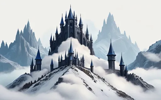 Prompt: sci-fi gothic fortress, towering mountains in the background, (mystical atmosphere), dark stone textures, intricate architecture with spires and arches, alien vegetation surrounding fortress, (high contrast lighting), (dramatic shadows), moody color palette with deep blues and blacks, (4K resolution), surreal and imposing presence, mysterious cloud formations above the peak.