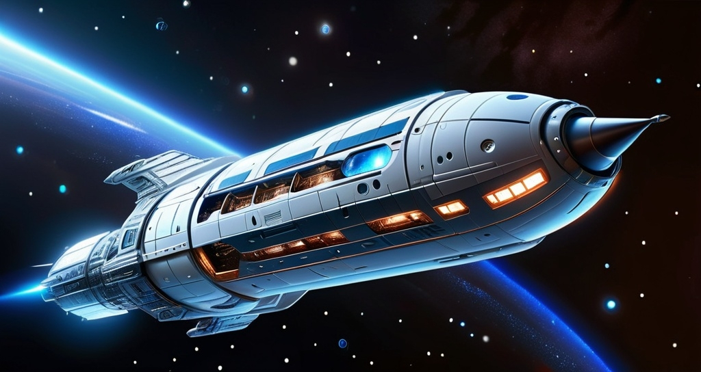 Prompt: a computer generated image of a space ship in space with stars in the background and a blue light on the bottom of the ship, Cedric Seaut (Keos Masons), space art, sci fi fantasy, concept art