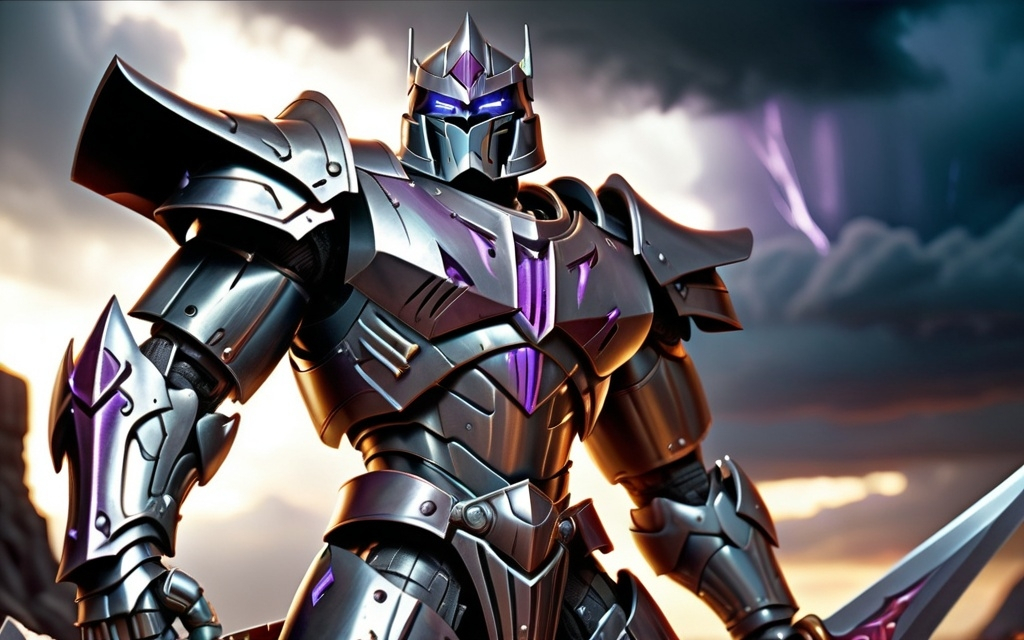 Prompt: (Megatron as an evil human knight), intricately armored with dark metallic hues, menacing facial features, wielding a large sword, standing triumphantly; chilling ambiance, foreboding expression, richly detailed background of a stormy sky and shadowy battlefield; (dramatic lighting), cold color tones create an eerie atmosphere, inviting suspense; ultra-detailed, high definition artwork.