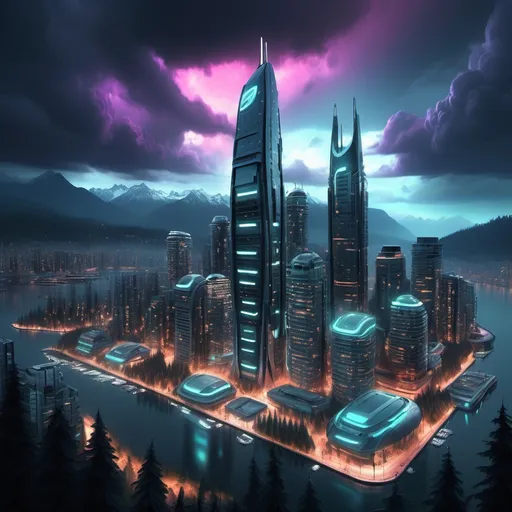 Prompt: futuristic Vancouver, (sci-fi elements), (barbarian aesthetics), merging modern skyscrapers with tribal structures, neon lights illuminating the cityscape, dense forests surrounding urban areas, dark skies with swirling clouds, rugged terrains, dynamic lighting adding an eerie ambiance, high detail, ultra-detailed, cinematic atmosphere.