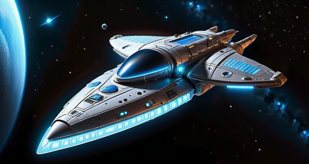 Prompt: a computer generated image of a space ship in space with stars in the background and a blue light on the bottom of the ship, Cedric Seaut (Keos Masons), space art, sci fi fantasy, concept art