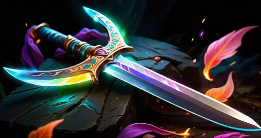 Prompt: a colorful sword with a long blade on a black background with a glowing light coming from it's blade, An Zhengwen, fantasy art, league of legends concept art, concept art