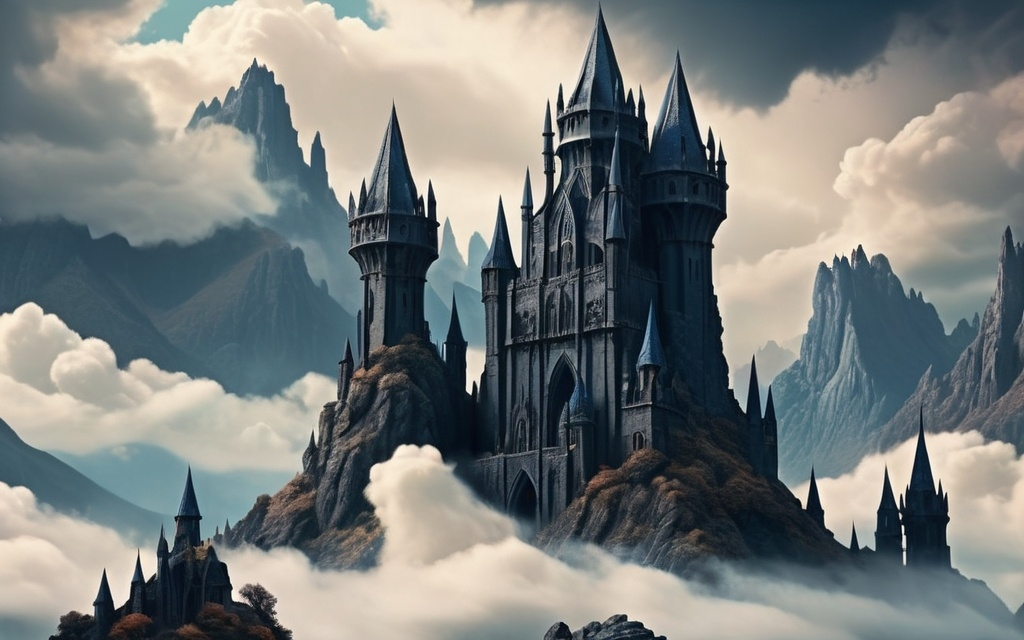 Prompt: sci-fi gothic fortress, towering mountains in the background, (mystical atmosphere), dark stone textures, intricate architecture with spires and arches, alien vegetation surrounding fortress, (high contrast lighting), (dramatic shadows), moody color palette with deep blues and blacks, (4K resolution), surreal and imposing presence, mysterious cloud formations above the peak.