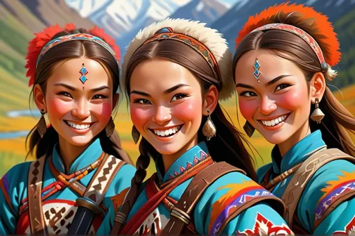 Prompt: (misc-tribal style), trio of female Zaporozhian Cossacks, (vibrant colors), smiling expressions, diverse skin tones, dark brown, pale brown, tanned brown, each holding Mongolian swords, captivating background featuring lush landscapes, dynamic patterns and motifs, (highly detailed), warmth and nostalgia, celebrating culture and friendship, (ultra-detailed), showcasing joyful camaraderie in a lively and colorful atmosphere.