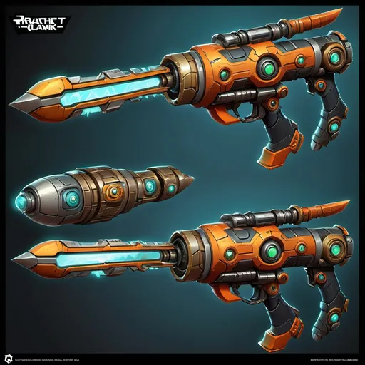 Prompt: Concept art for (futuristic weapons), inspired by Ratchet and Clank integrated with elements of Warhammer 40k, dynamic and imaginative designs, (vibrant colors) accentuating intricate details, (highly detailed) textures, various weapon types showcasing unique mechanisms, engaging and dramatic backgrounds reflecting a sci-fi universe, emphasizing creativity and innovation within the designs, (ultra-detailed), cinematic feel.