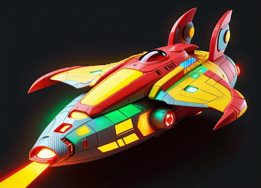 Prompt: a stylized image of a red and grey space ship with a yellow light on the side of the ship, Epsylon Point, precisionism, vector, an ambient occlusion render