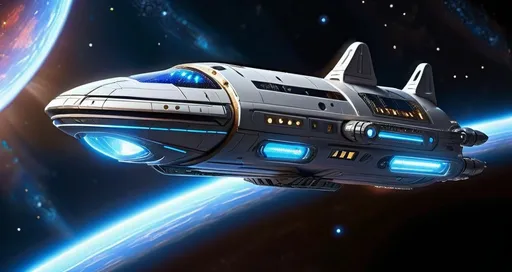 Prompt: a computer generated image of a space ship in space with stars in the background and a blue light on the bottom of the ship, Cedric Seaut (Keos Masons), space art, sci fi fantasy, concept art