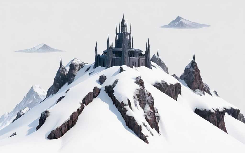 Prompt: A sci-fi/gothic fortress set in to mountains. 