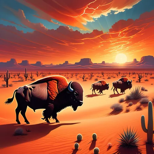 Prompt: Texas-style desert landscape, (stampede of alien buffalo), vibrant sun setting in the horizon, reddish-orange hues illuminating the sand, dramatic shadows cast, sparse cacti dotting the foreground, surreal elements with glowing buffalo, cinematic atmosphere, (highly detailed), expansive sky with wispy clouds, a sense of motion and energy in the air, (ultra-detailed 4K).