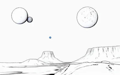 Prompt: the rugged surface of a alien moon, with two rivers on it, and two planets above it.  