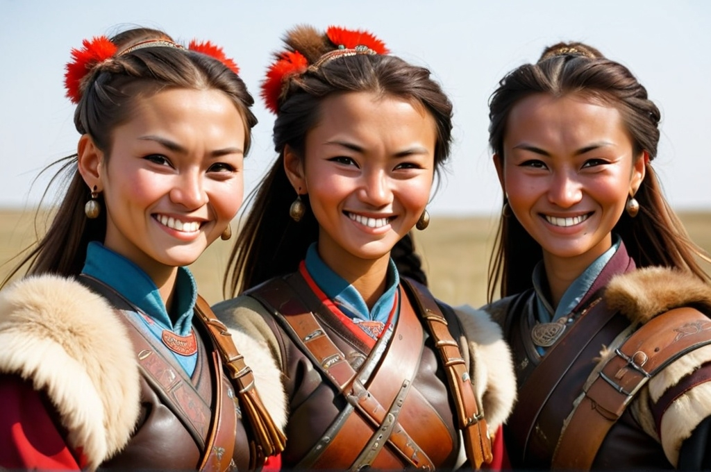 Prompt: a trio of female Zaporozhian Cossacks, one with dark brown skin, one pail brown and one tanned brown, all three holding Mongolian swords, all three smiling.  