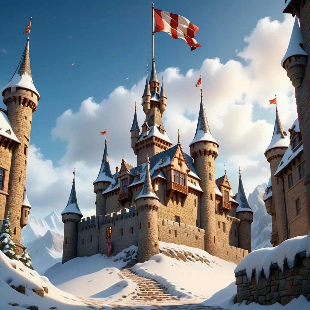 Prompt: a castle with a flag on top of it and a flag flying above it and a snow covered ground, Christopher Moeller, sots art, 3 d model, a 3D render