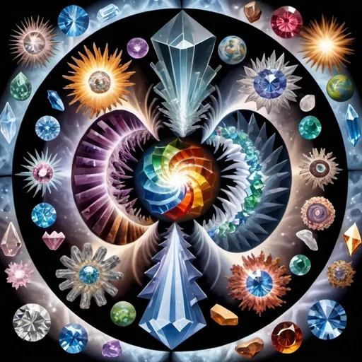 Prompt: inward spiral vortex of crystals with many arms of different crystal types with earth in the middle
